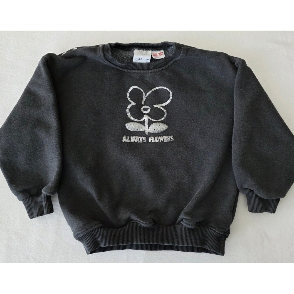 Zara Girls 5-6y Sweatshirt Black Silver Graphic Print Always Flower Daisy Trendy